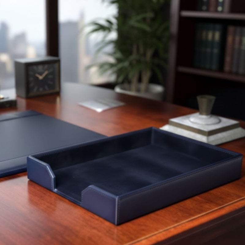 DACASSO Bonded Leather Desktop Letter Tray - Luxury Letter Holder & Paper Organizer for Desk - Office Organization & Executive Desk Decor - (Navy Blue) 13.5 x 10.5 x 2 - Image 3